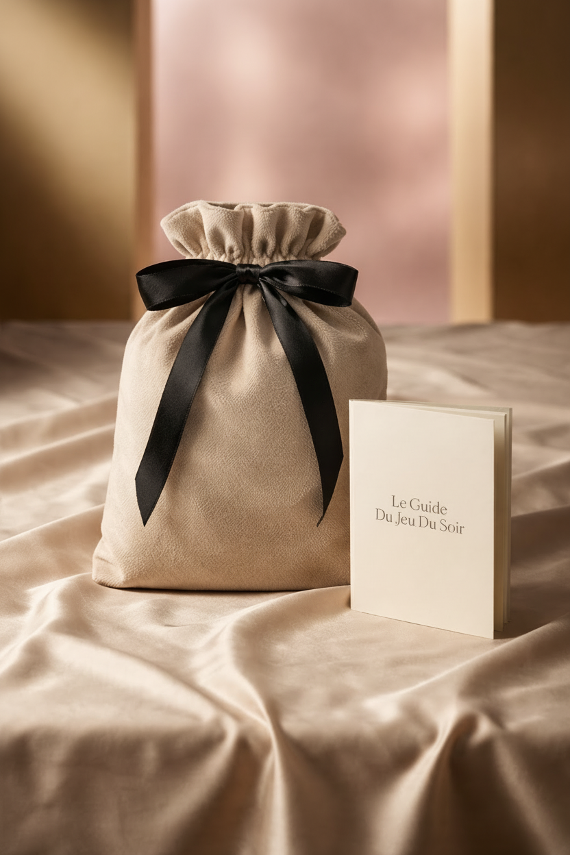 pochette de rangement le jeu du soir avec son guide de jeu romantique pas-à-pas  pour couple posé sur des draps satinés 